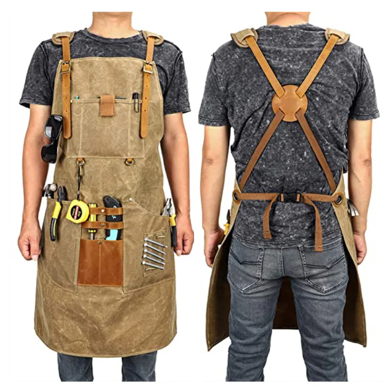 Gardening Tools Logo - ผ้ากันเปื้อนผ้าแคนวาสกันน้ำ พร้อมกระเป๋าและช่องเก็บของ สำหรับช่างตัดผม ช่างไม้ ทำสวน ชุดทำงาน